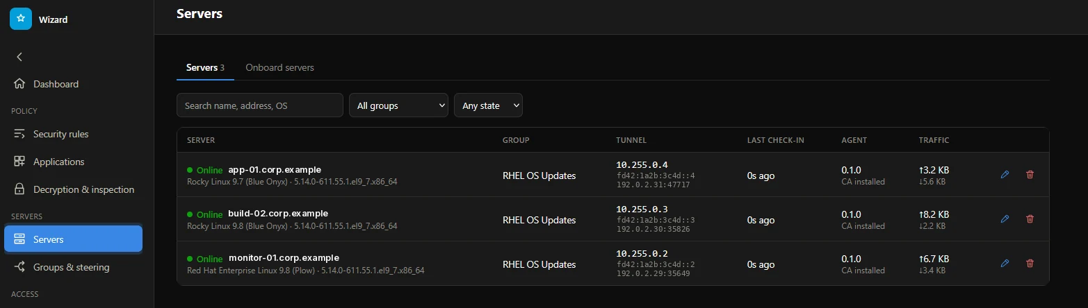 Die Serverliste: drei Rocky-Linux- und Red-Hat-Server online, jeweils mit Gruppe, Tunneladressen, letzter Meldung, Agent-Version und Verkehr